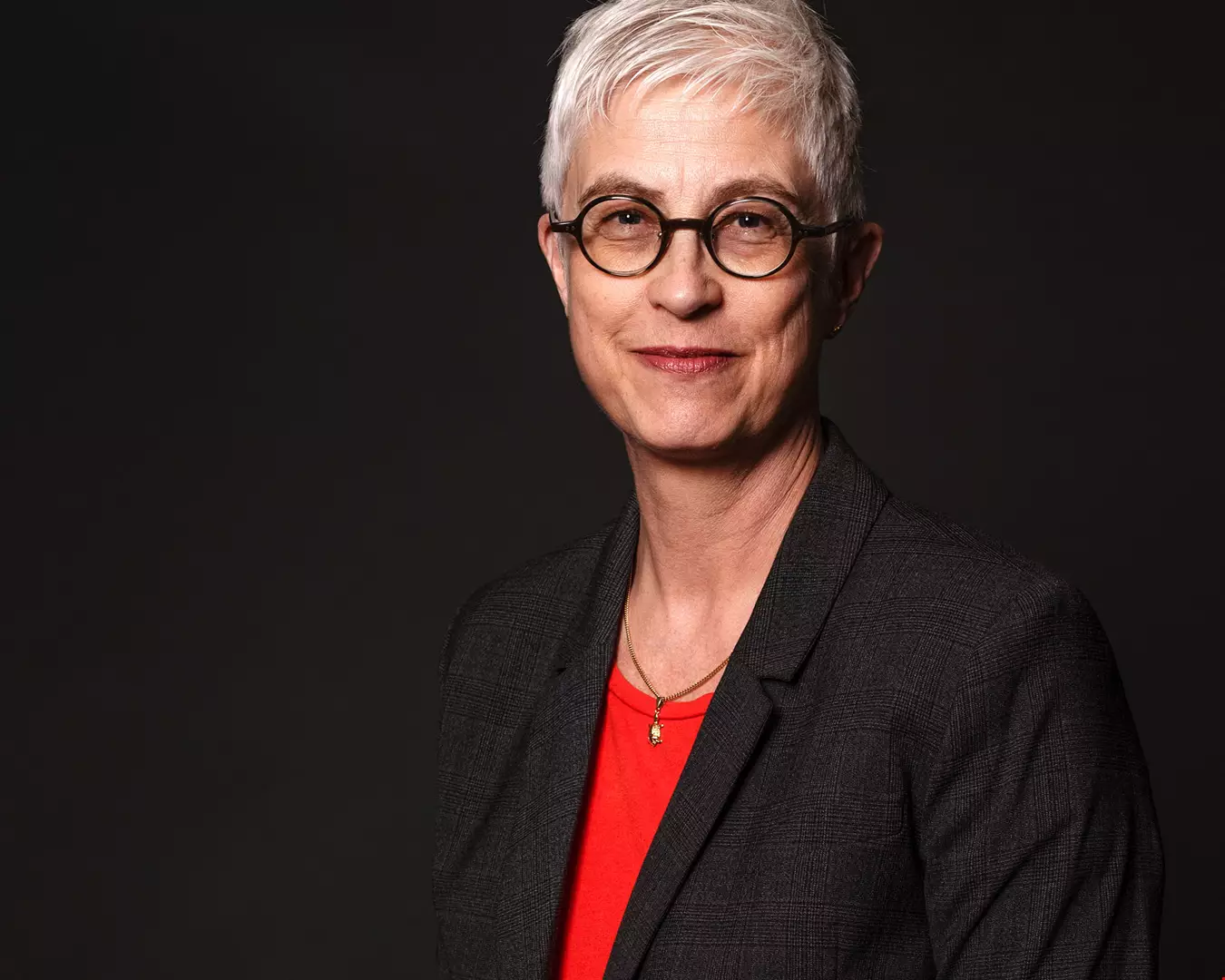 Porträtt kvinna kort grått hår, kostym röd blus förhandlingschef Anna Steen Akavia Aspekt