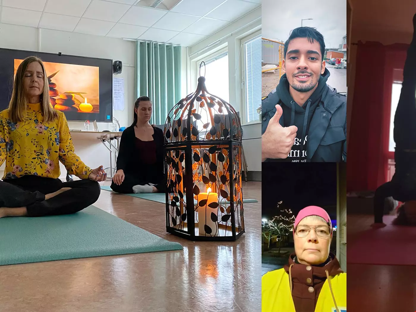 Bildkollage med fyra bilder, totalt fem personer varav två samtalar och tre gör olika yogaövningar och visar i en app för samtal i datorn