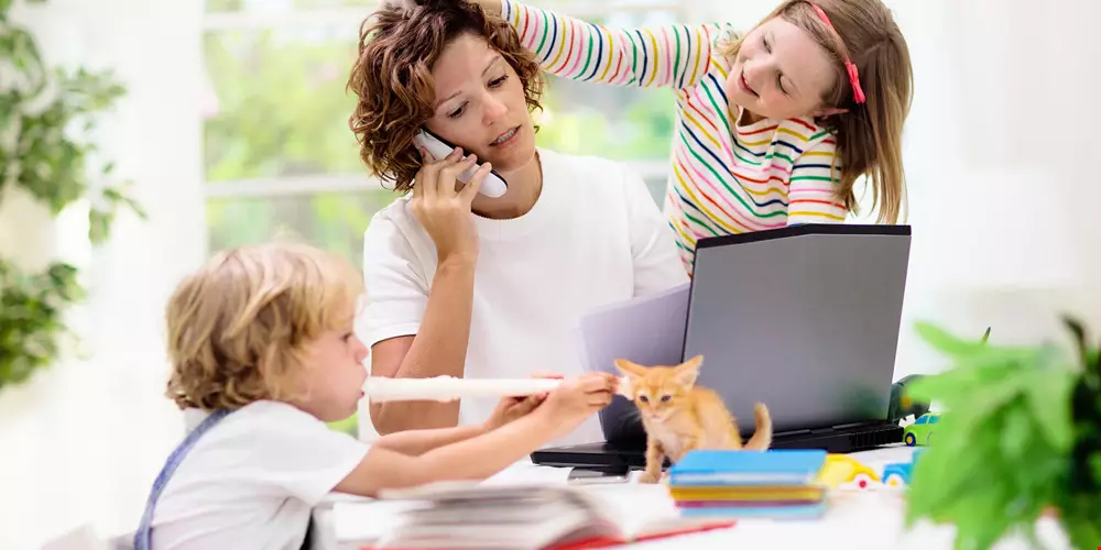 Kvinna framför dator pratar i telefonen, två barn leker vilt intill med blockflöjt och kattungar Akavia Aspekt