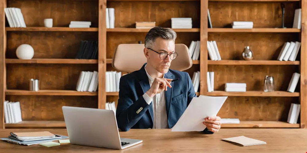 En gråhårig man med glasögon jobbar vid skrivbord med dator och pappershögar
