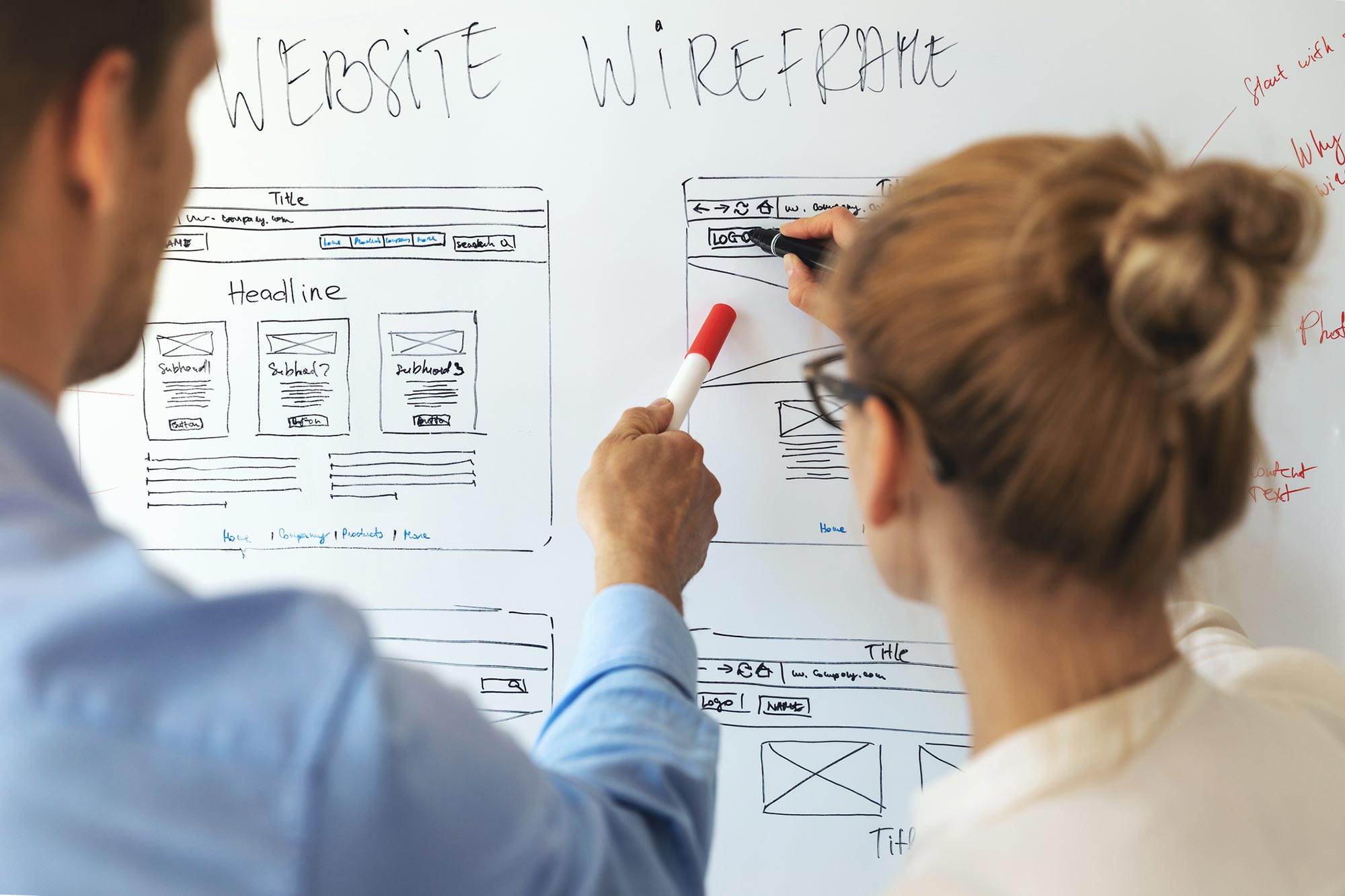 Två kollegor framför whiteboard skissar upp en webbstruktur Akavia Aspekt