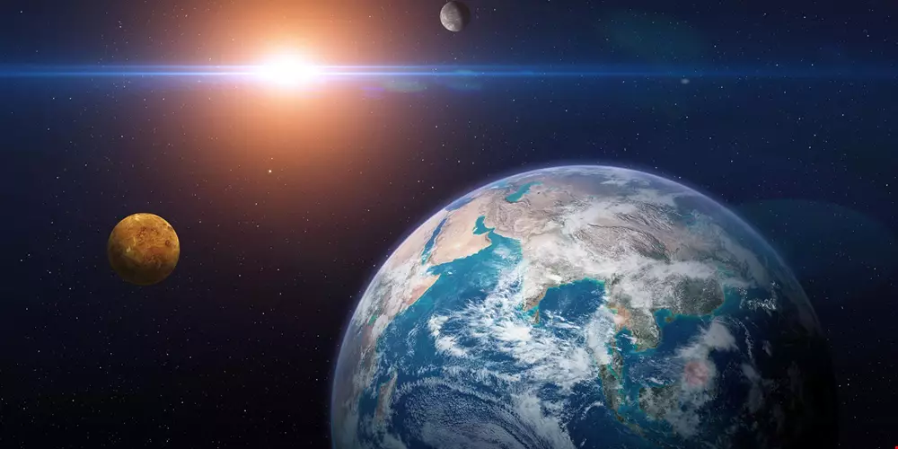 Bild från rymden med jorden i förgrunden och planeeten mars i fjärran Akavia Aspekt