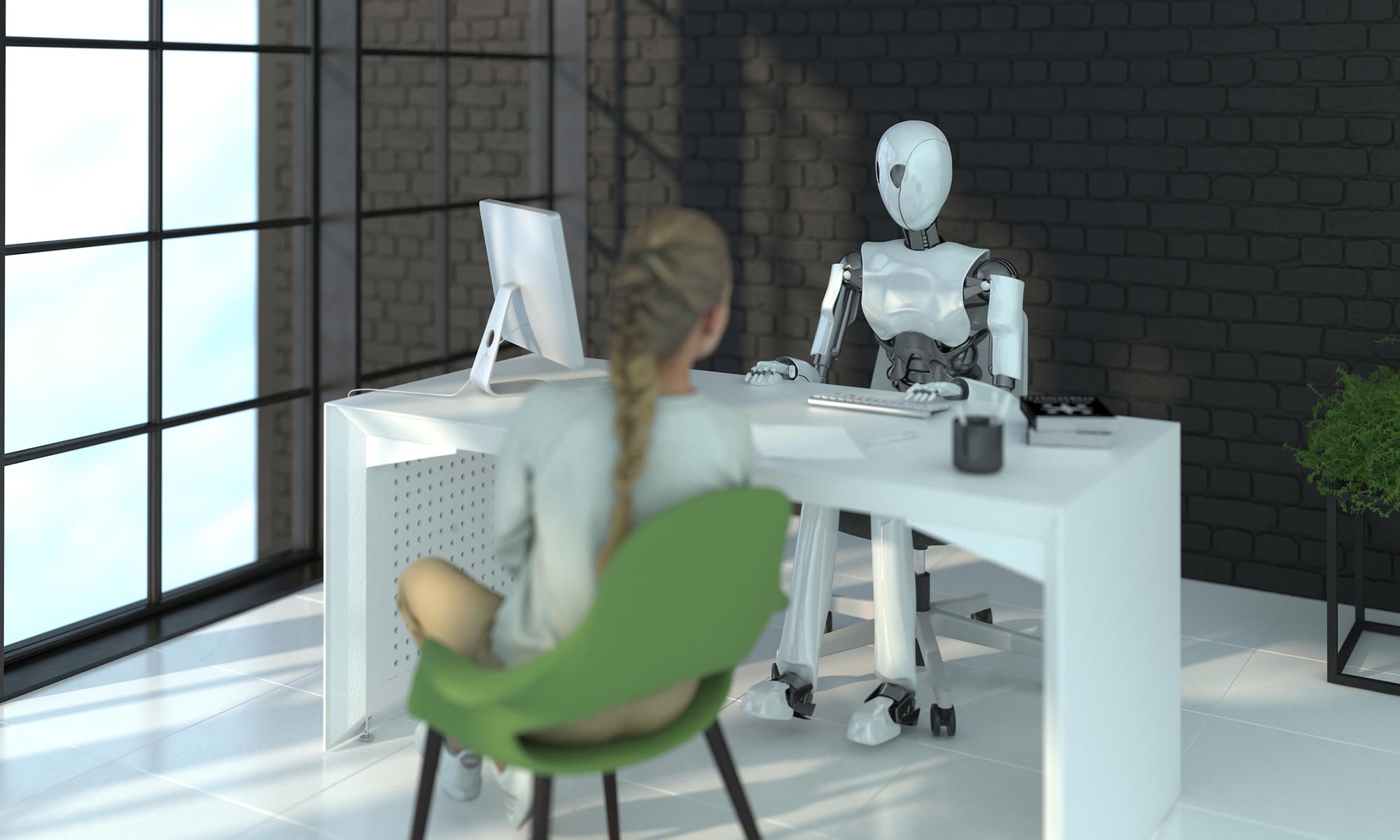 Jobbintervju kvinna intervjuas av robot Akavia Aspekt