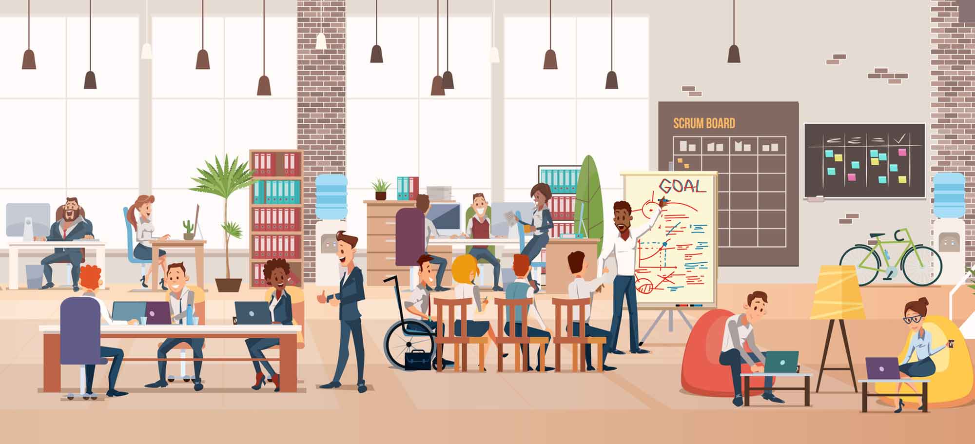 Illustration på kontor med olika arbetsplatslösningar såsom skrivbord med en arbetsplats, yta för samtal, mysig soffyta och flera olika lösningar för visuella presentationer i jobbet Akavia Aspekt